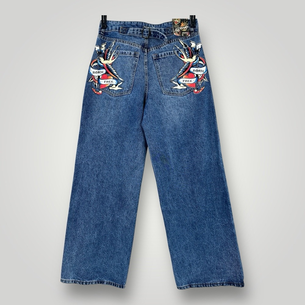 NEW Ed Hardy Jeans Born Free Birds Womans 28 Buckle‎ Back Loose Wide Leg Skater